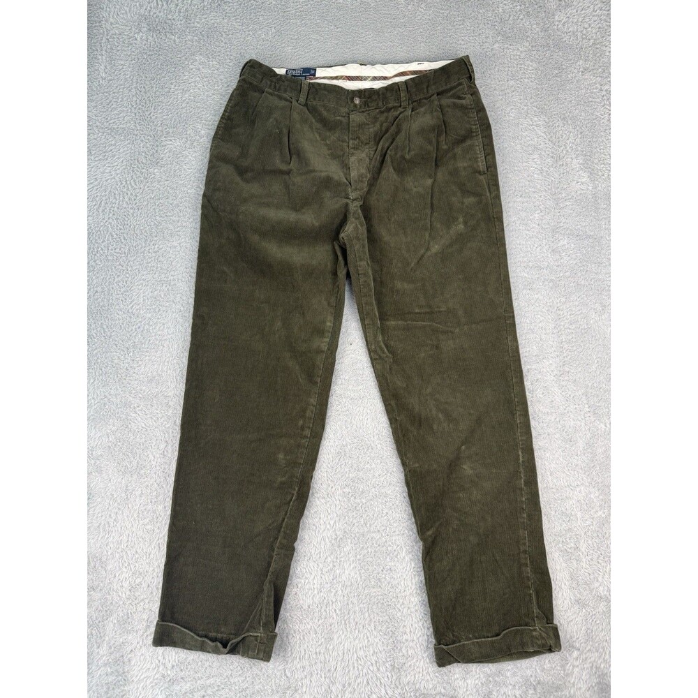 Polo Ralph Lauren Hammond Corduroy Pants Mens 38x32 Olive Green Pleated Cuffed